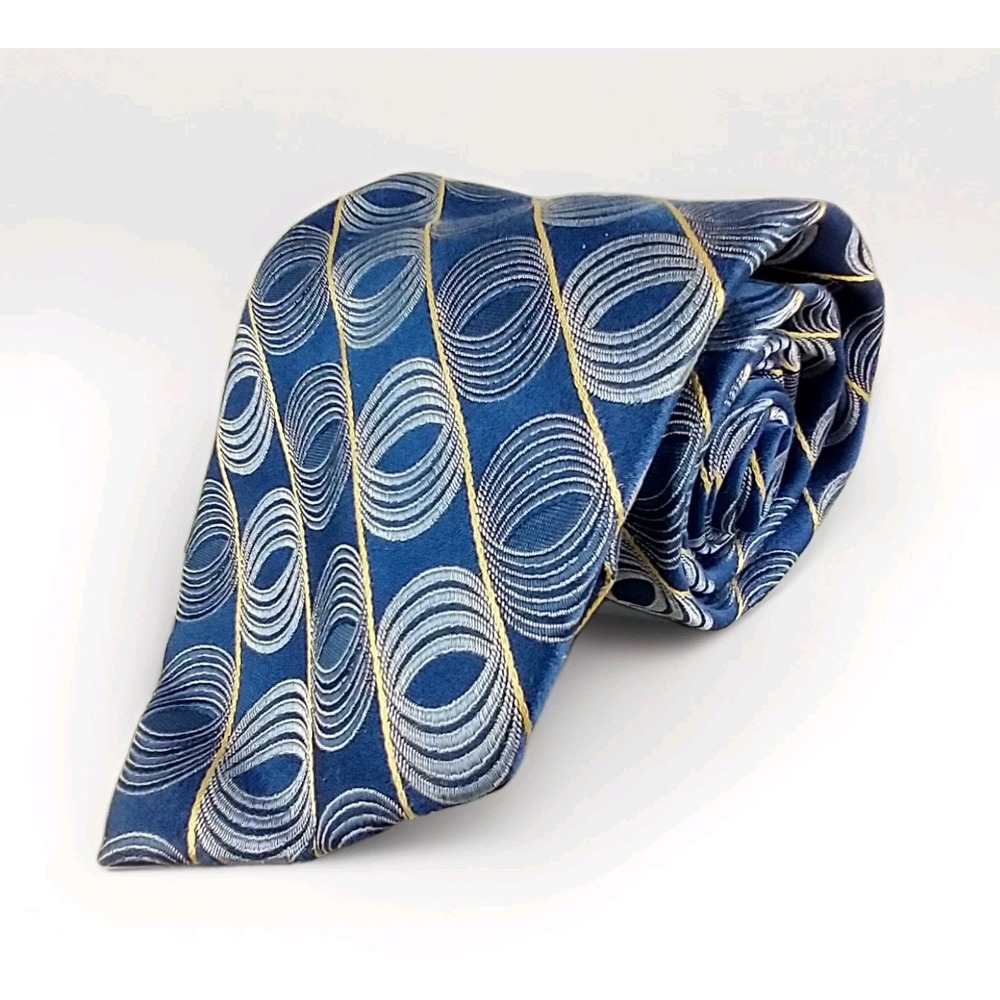JHANE BARNES Men's Silk Necktie‎ ITALY Designer Geometric Blue Gold Textured